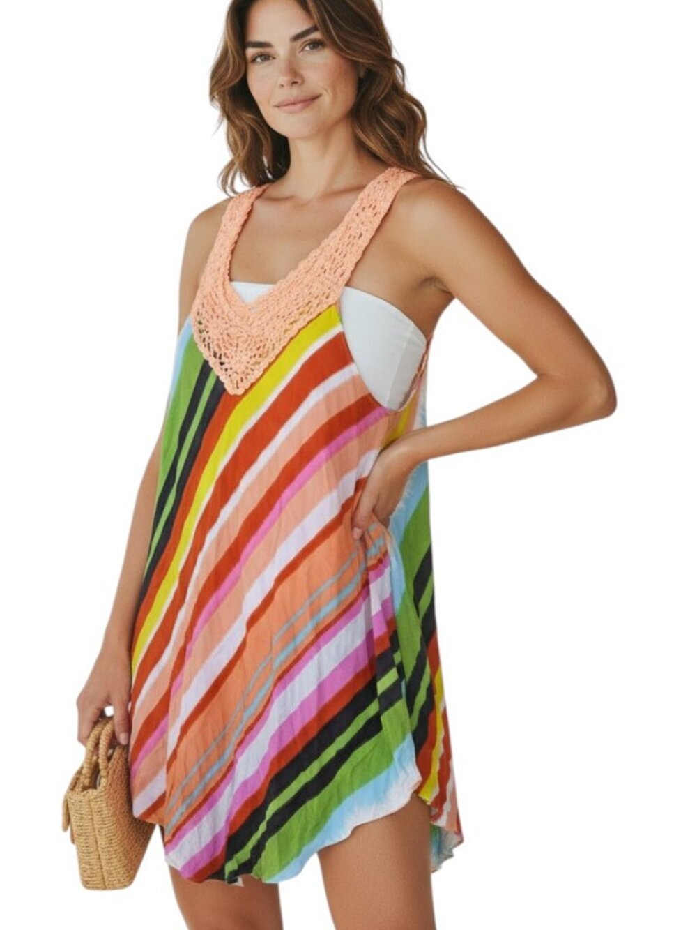 Womens Swim Swimsuit Cover Up Dress Multicolour Striped Med Crochet Neck Beach
